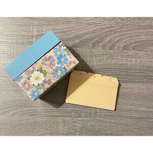 Vintage Ohio Art Co. Blue & Purple Daisy Pattern Metal Recipe Box with Dividers